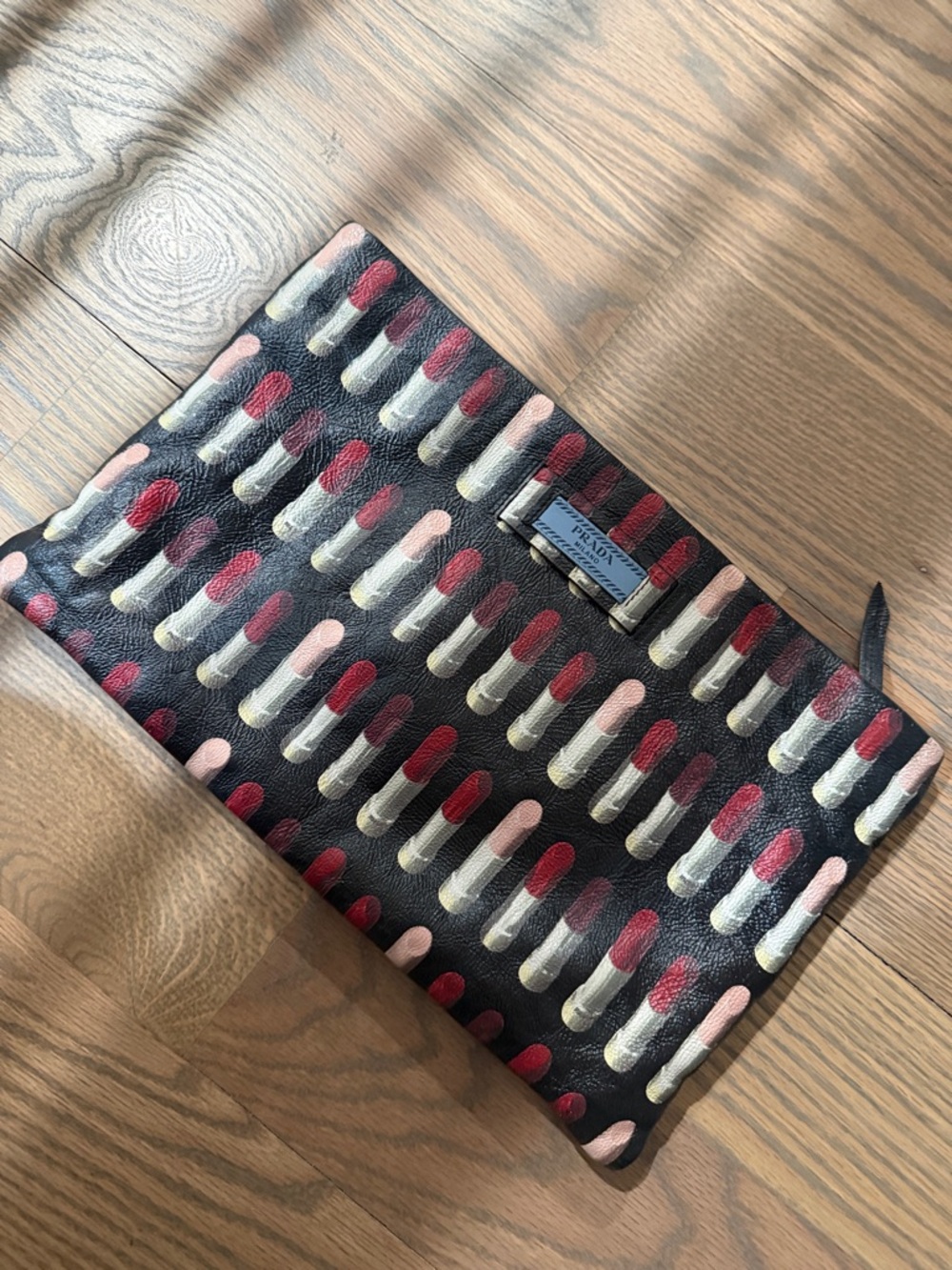 Prada Black Clutch with Pink, Red & Cream Lipstick Print